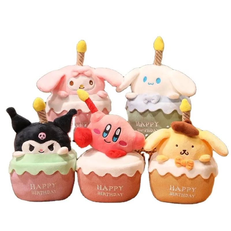 Regalo de cumpleaños Kawaii Kuromi Cinnamoroll perro forma de pastel de cumpleaños juguete Sanrio My Melody juguete de peluche que brilla intensamente cantando muñecos de peluche