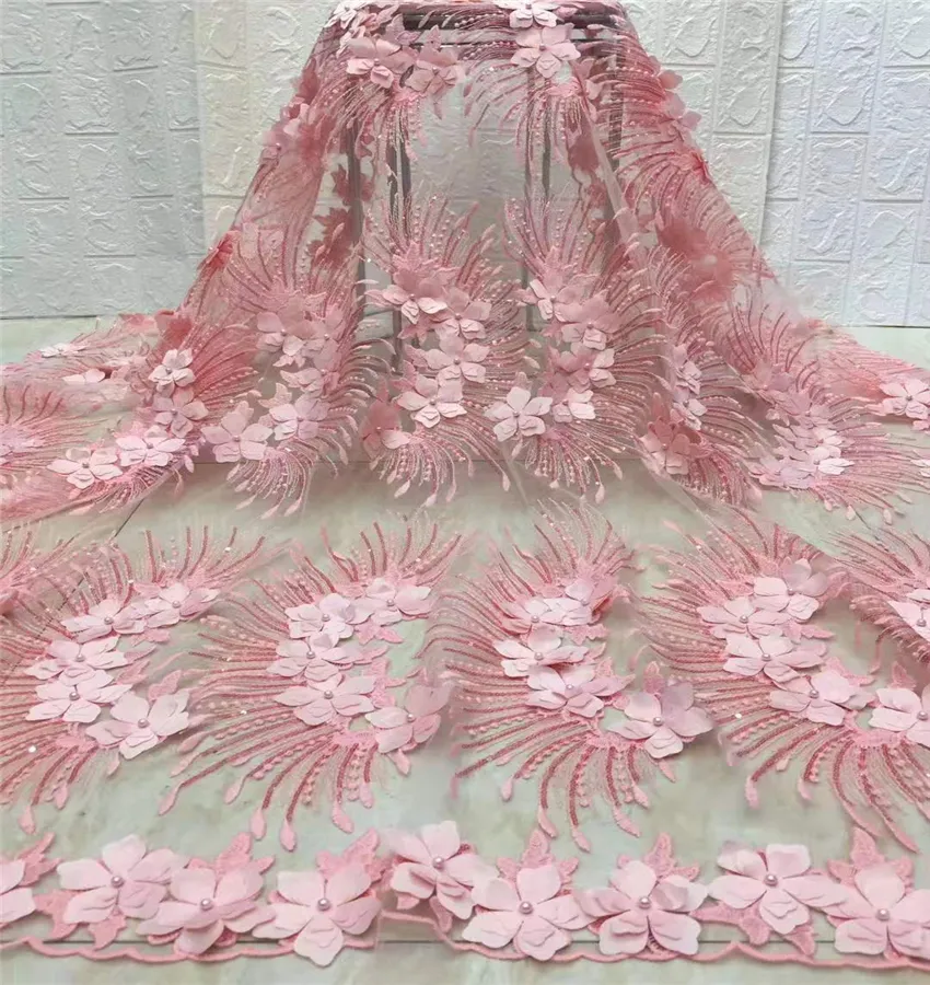 Tela de encaje de tul nigeriano con cuentas, elegante, rosa, francés, flor 3D