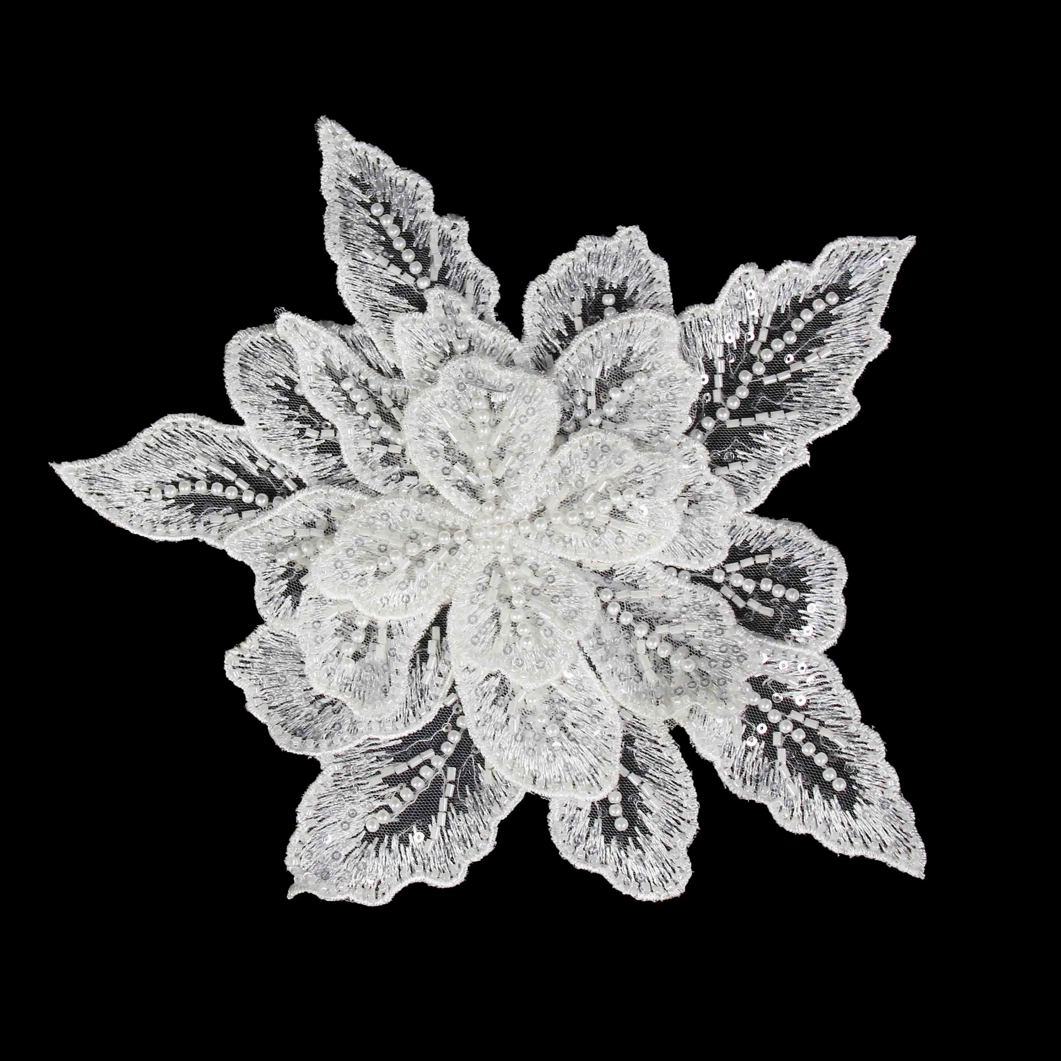 Aplique de encaje bordado de perlas con cuentas de flores 3D hermosas personalizadas