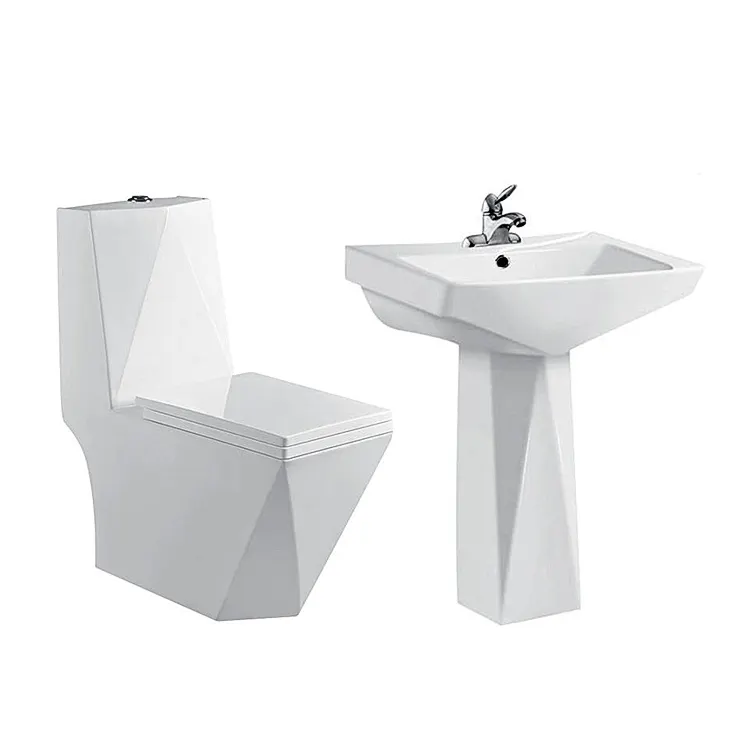 Artículos sanitarios con forma de diamante, juego de lavabo y inodoro de cerámica, pedestal