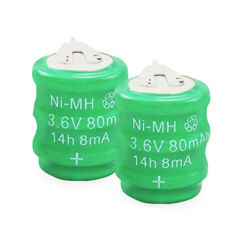 3.6V 80mAh Ni-MH batterie Rechargeable pour montre lampe à LED lampe de poche chauffe-eau solaire horloge NI MH pile bouton avec broches de soudage