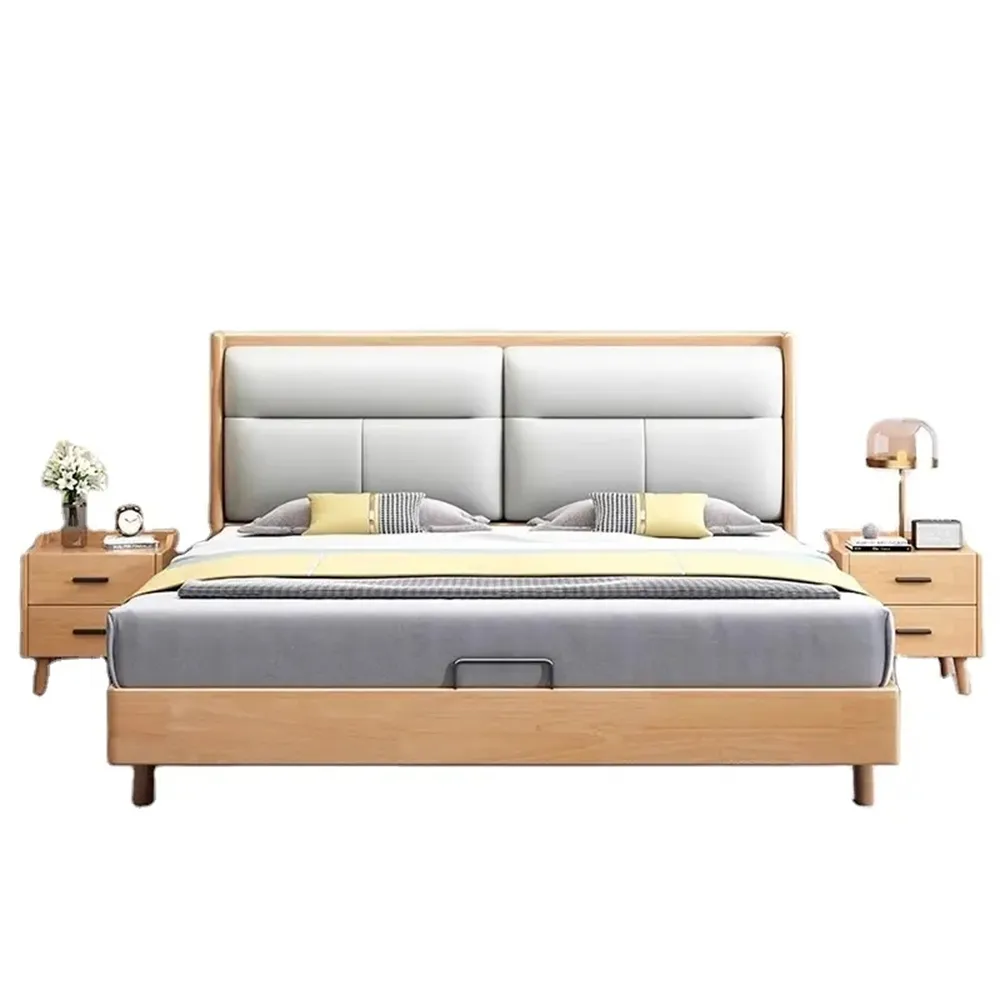Lo último en muebles de dormitorio de lujo modernos, gran oferta, ropa de cama natural, caja de madera, diseño de cama, camas dobles de madera maciza con almacenamiento