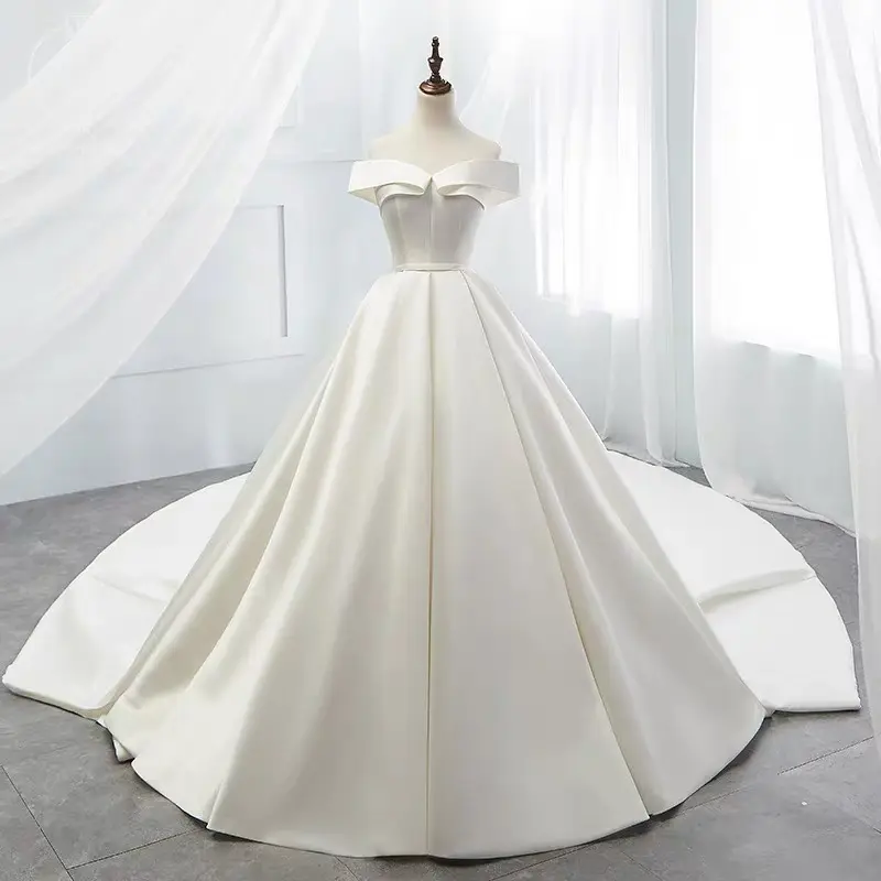 Vestido de noiva moderno simples, vestido de casamento de cetim ombro fora dubai elegante de noiva de seda suave