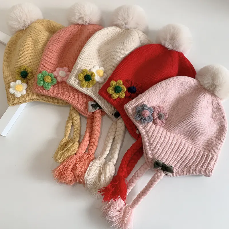 طقم أطفالي من الكروشيه, طقم أطفالي من الأكريليك مزركش على شكل قبعة صغيرة مزركشة بالزهور مناسب للشتاء
