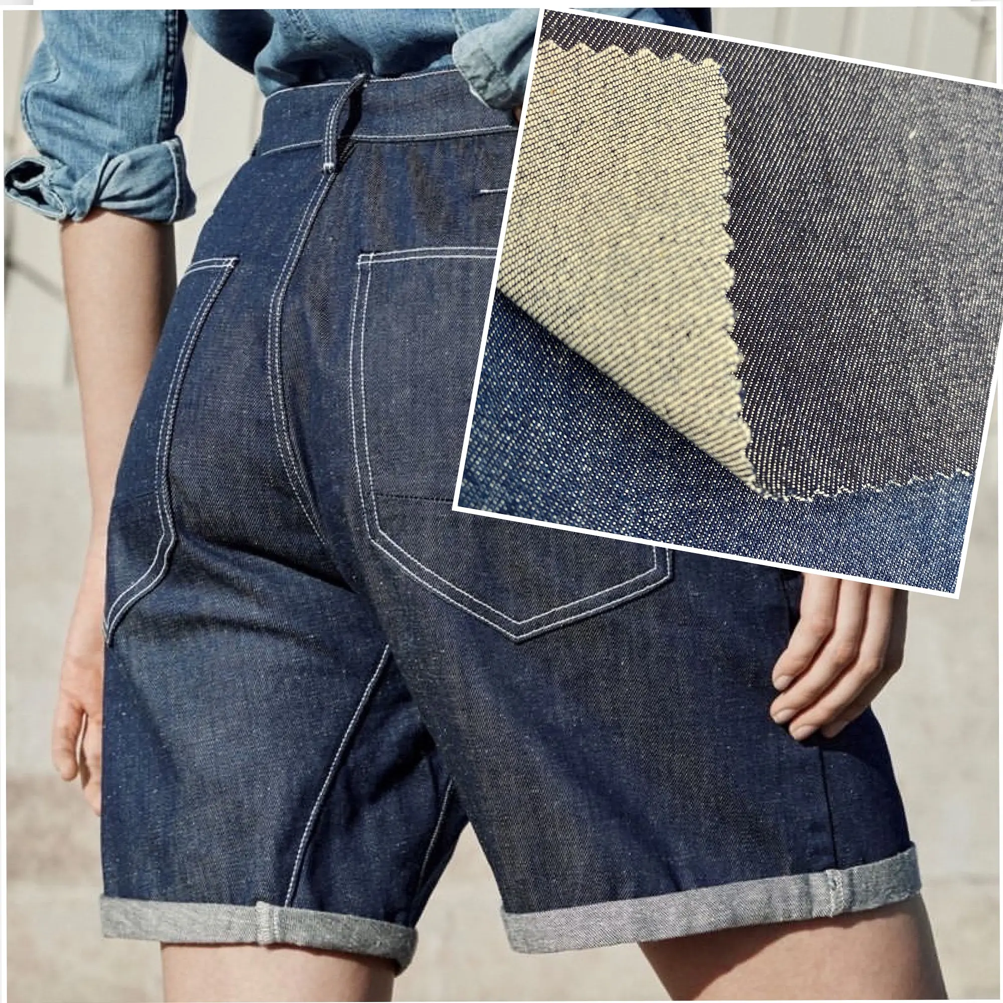Penjualan Terbaik Celana Pendek Denim Wanita Pabrik Indigo Dicuci Melar Kain Jeans Denim
