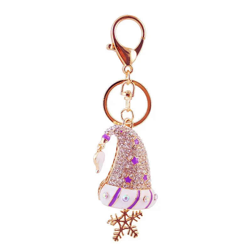 Promotional Decoration Fashion Zinc Alloy Enamelled Crystal Christmas Hat Snowflake Shape KEYCHAIN Key Chain For Bag As Gift