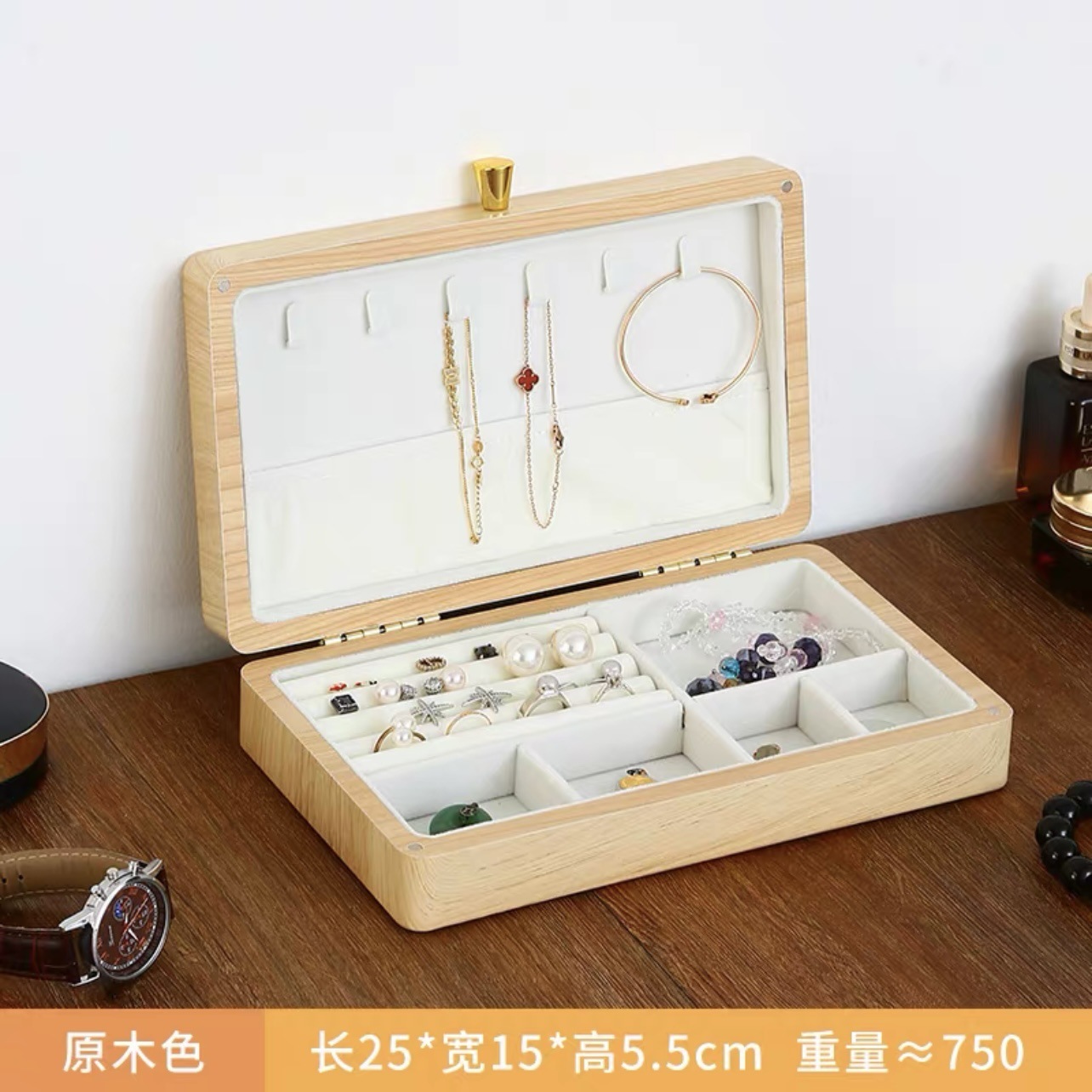 Large natural wood jewelry box, made of white velvet.