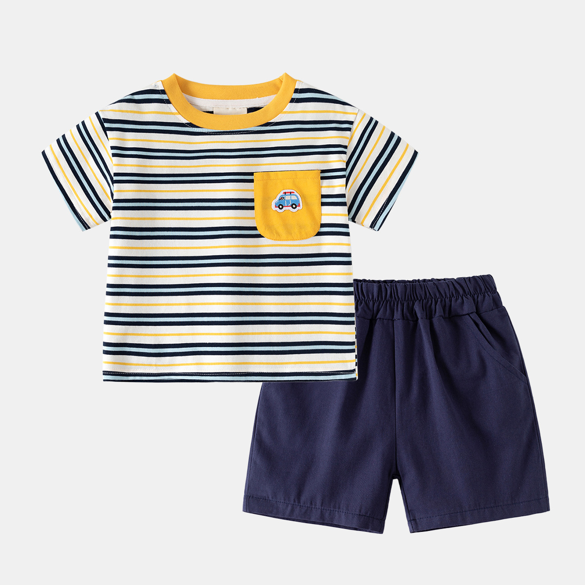 Pantaloni blu navy con tasca gialla