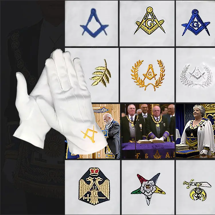 Wholesale Custom Ladies Women Freemason Nylon 100% Organic Cotton Embroidered White Masonic Regalia Hand Gloves