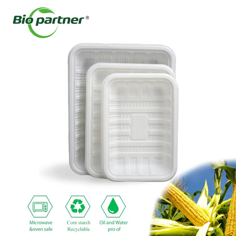 Bandeja plástica descartável biodegradável de fábrica para frutas frescas, embalagem retangular para alimentos, amido de milho, bolha descartável