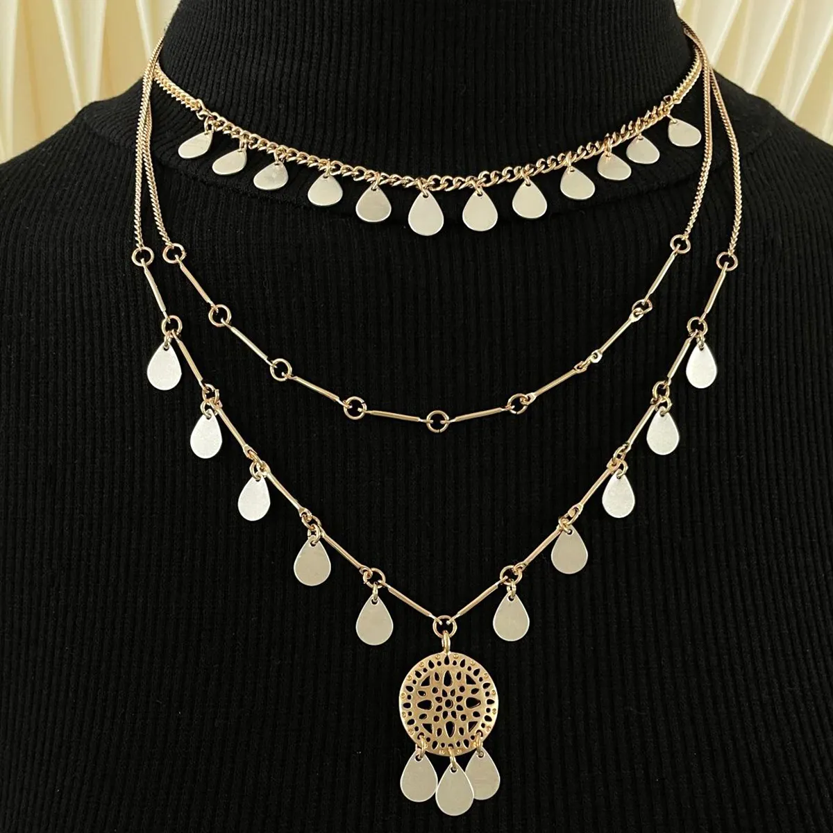 Women Fashion Popular Geometric Disc Teardrop Tassel 3 Layers Alloy Pendant Necklace