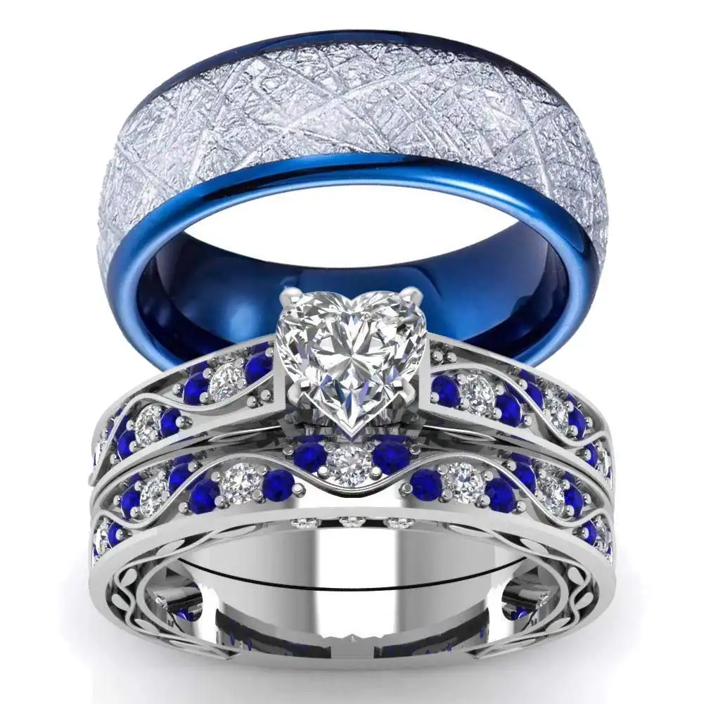 แหวนคู่แฟชั่น-โรแมนติกผู้หญิงหัวใจเพทายแหวนหินชุดผู้ชายสีฟ้าสแตนเลสแหวนแต่งงานพรรคของขวัญเครื่องประดับ