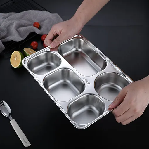 Food Grade Metal Stainless Steel School Lunch Tray Divided Dinner Plates Fast Food Serving Tray with 3 4 5 Compartments
