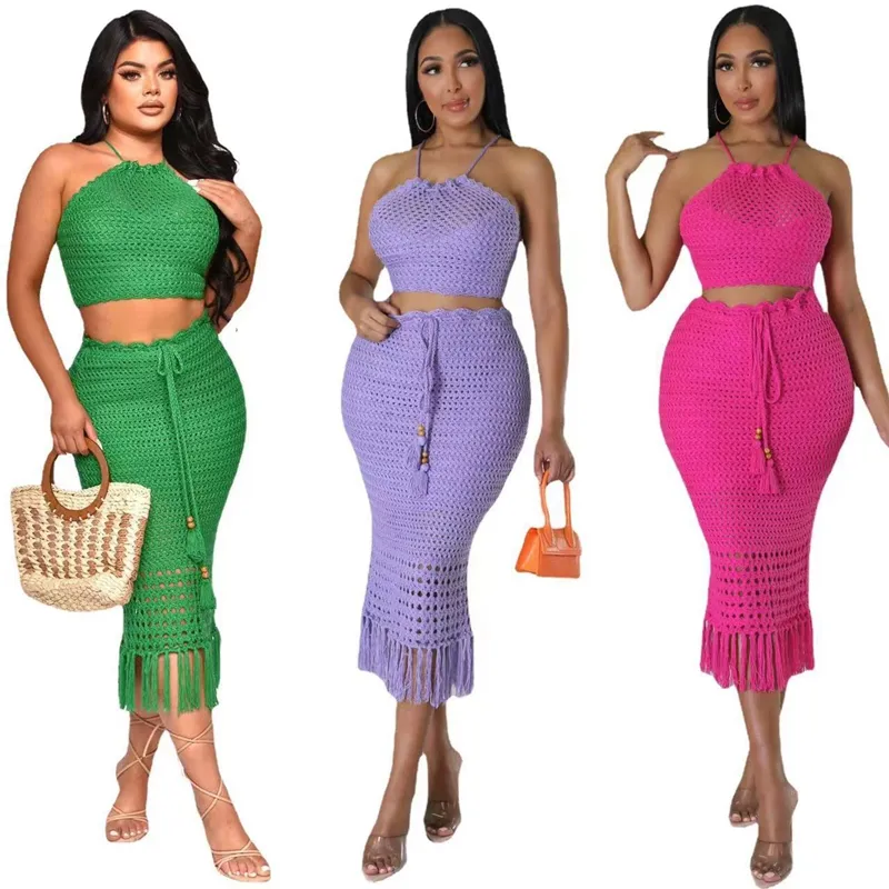 2023 donne Summer Halter Crochet Knit Crop Top e gonna nappa 2 pezzi Holiday Dress Set donna Outfit due pezzi Set abbigliamento