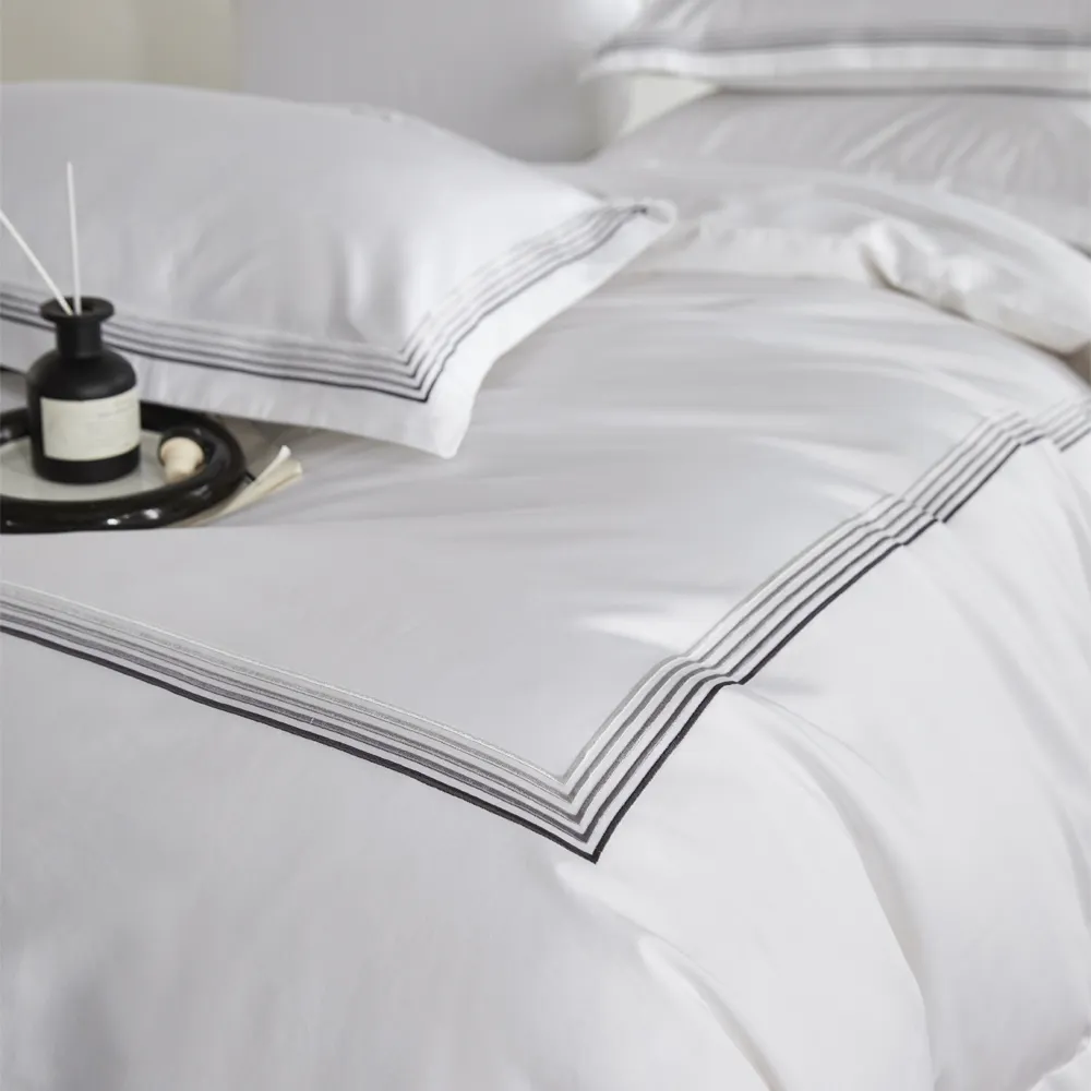Conjunto de cama de hotel 5 estrelas, lençol de tamanho personalizado, lençol de linho com logotipo de marca, lençol branco 100% algodão, capa de cama de hotel