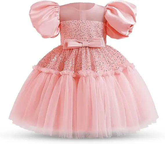 Modische rosa Pailletten Mädchen Party kleid Sommerkleid ung Puff ärmel Prinzessin Kinder kleider für Mädchen