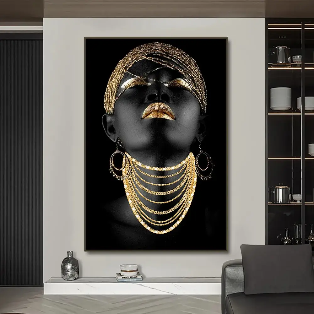 Moda Dourado Preto Figura Cartazes Wall Art Prints Mulher Africana Modern Art Deco Canvas Pintura