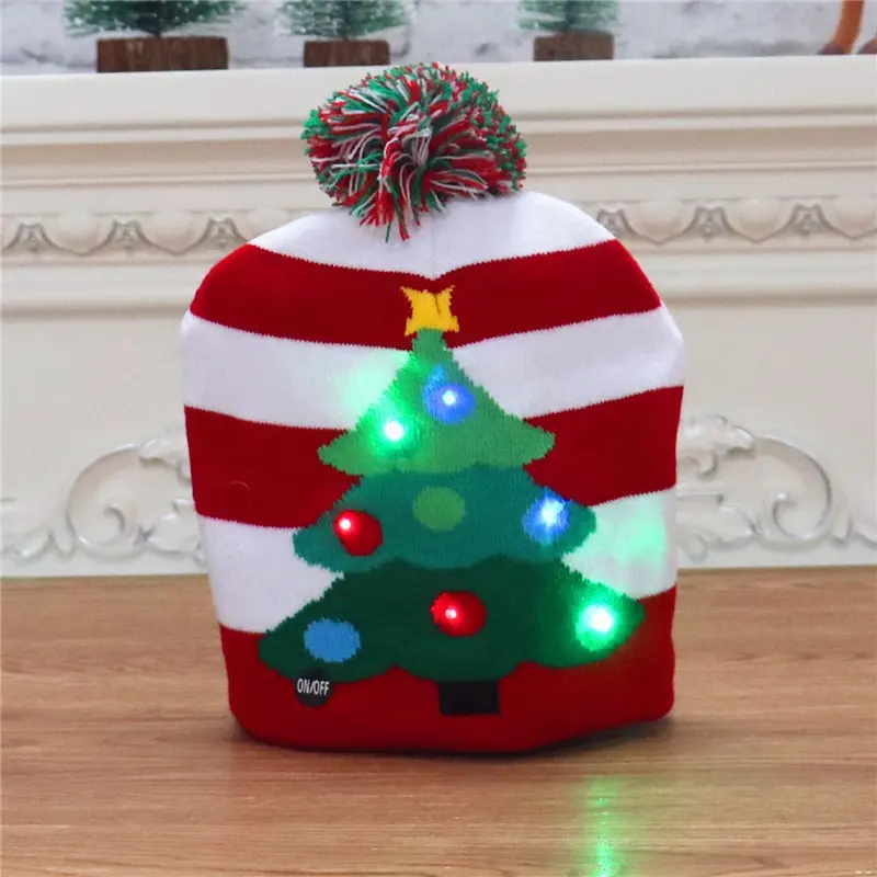 New Xmas LED Knitted Hat Winter Xmas Party Pompom Light-up Women Kids Adult Christmas Knitted Santa Christmas Hat Gift