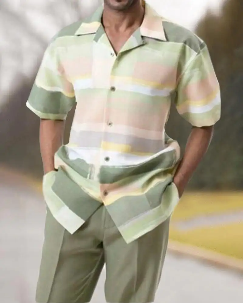 Toptan özel baskılı rahat rahat yaz erkek kısa kollu gömlek ve pantolon seti yürüyüş takımları