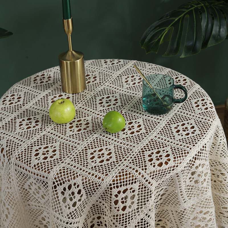 Beige Tassel Geometric Squares Hand Crochet Polyester Cotton Lace Table Cloth Wedding Table Linen With Tassel Decoration