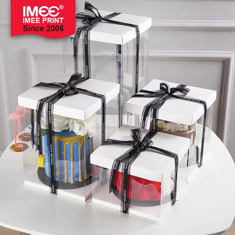 IMEE logotipo personalizado transparente 6 "8" 10 "12" 14 "16" Multi capa cuadrada cumpleaños PET PVC caja de pastel de plástico