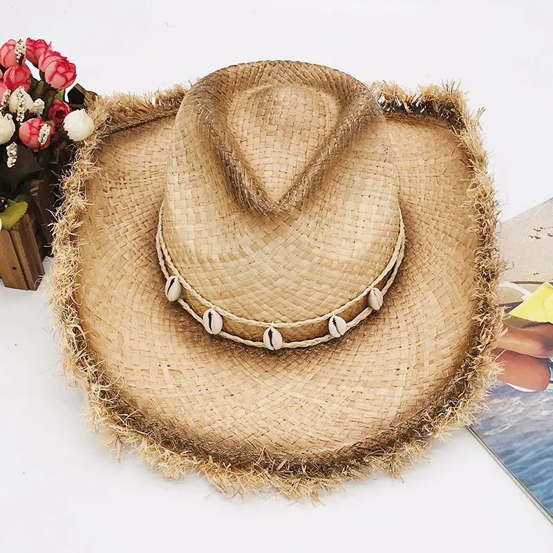 Gemvie — chapeau de paille pour femme, couvre-chef avec ruban à large bord, accessoire de Cowboy en raphia pour plage, soleil, été