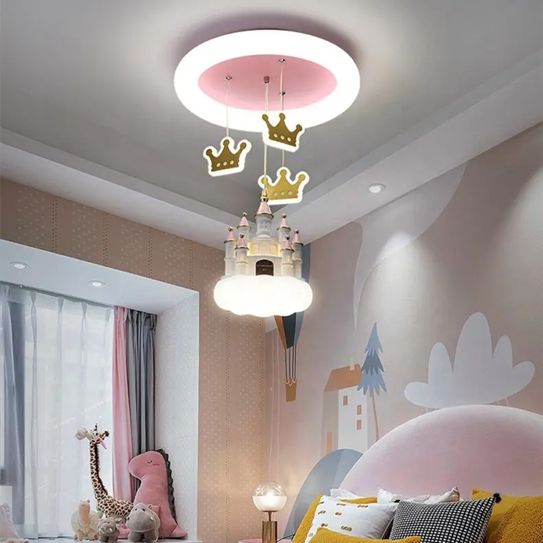 Creative cartoon castle crown lamp warm pink girl Princess room chandelier for kids room
