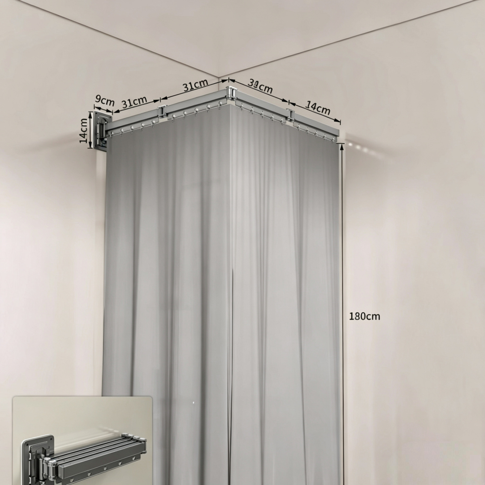 Dark polyester shower curtain, gunmetal gray, four-fold