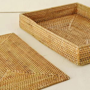 高品质手工矩形藤条餐垫4件套，带支架环保天然材料越南厨房用 - Product Image 5