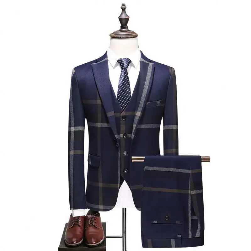 Men Stripe Blazer Plaid Suits 3 Pieces Blazer Vest Pant Set Plus Size Homme Single Breasted Formal Dress Business Office Wedding