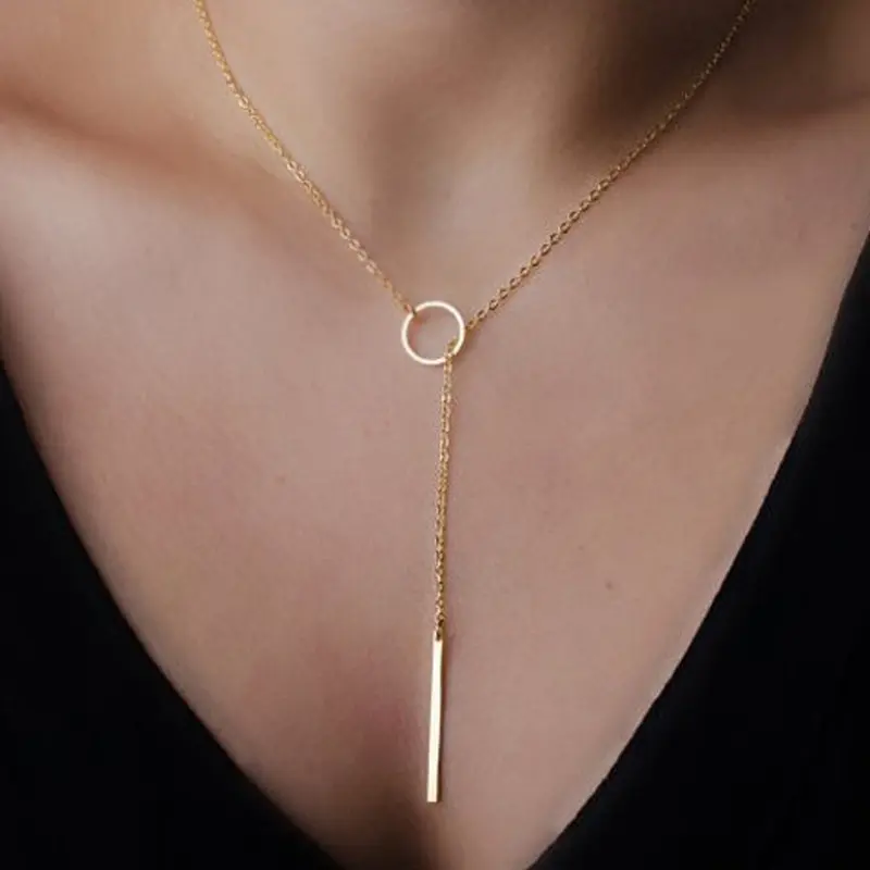 gold color Circle Lariat Bar Pendant choker long Necklace Women Cross Necklace Stick Pendant Necklace for Women