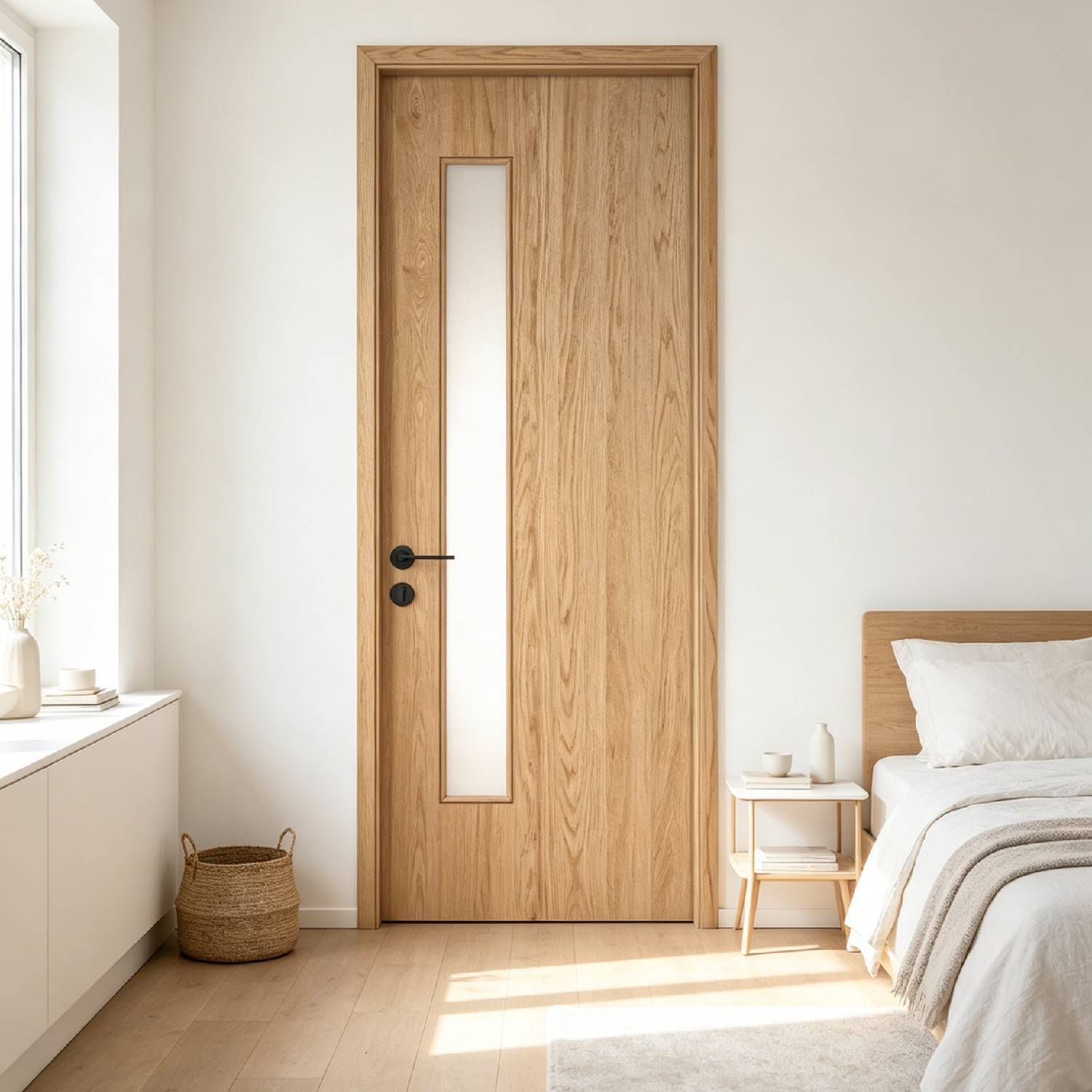 A set of White oak with vertical striations pre-painted doors.