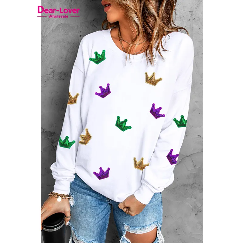 Dear-Lover White Mardi Gras Crown Sequined Patch Crew Neck Sudadera gráfica