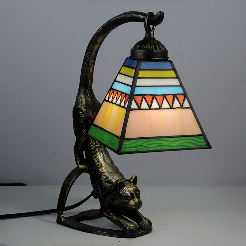 LongHuiJing Tiffany Style wild cat lamp stain glass table lamp