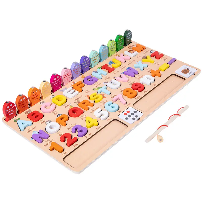 Children Wooden Multi-functional Logarithmic Board English Word Spelling Letters Number Cognition Toy Educational Fishing Game