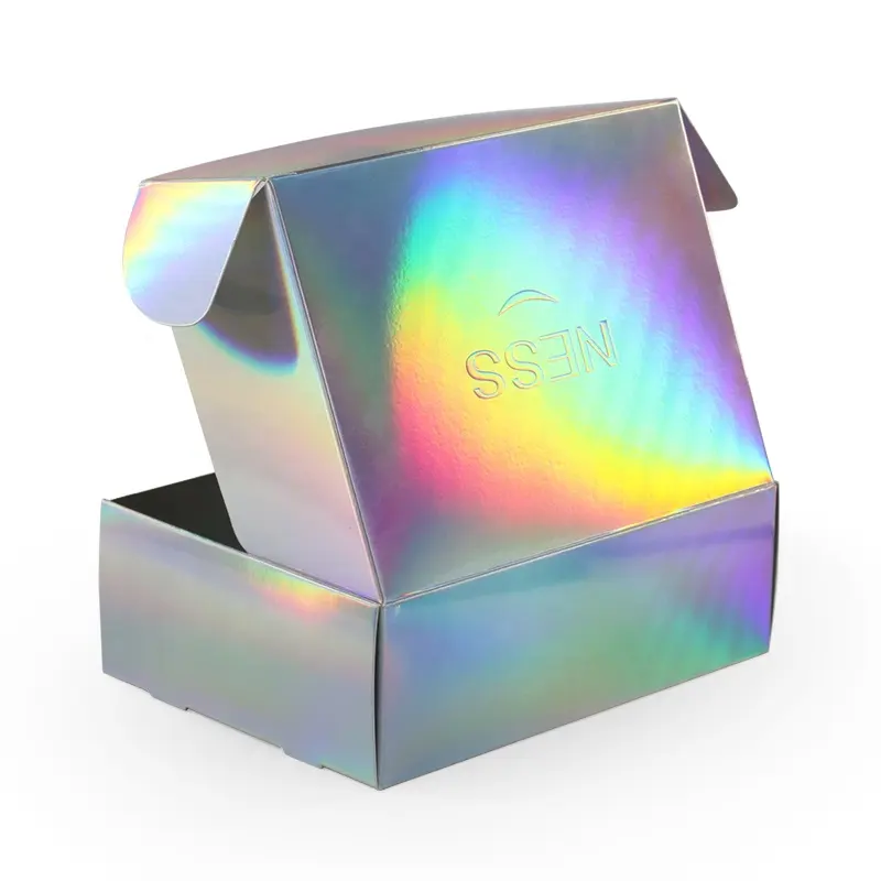 Caixa de embalagem de papel para mailer iridescente, caixa de embalagem de papel para transporte holográfico impresso personalizado para produtos de beleza