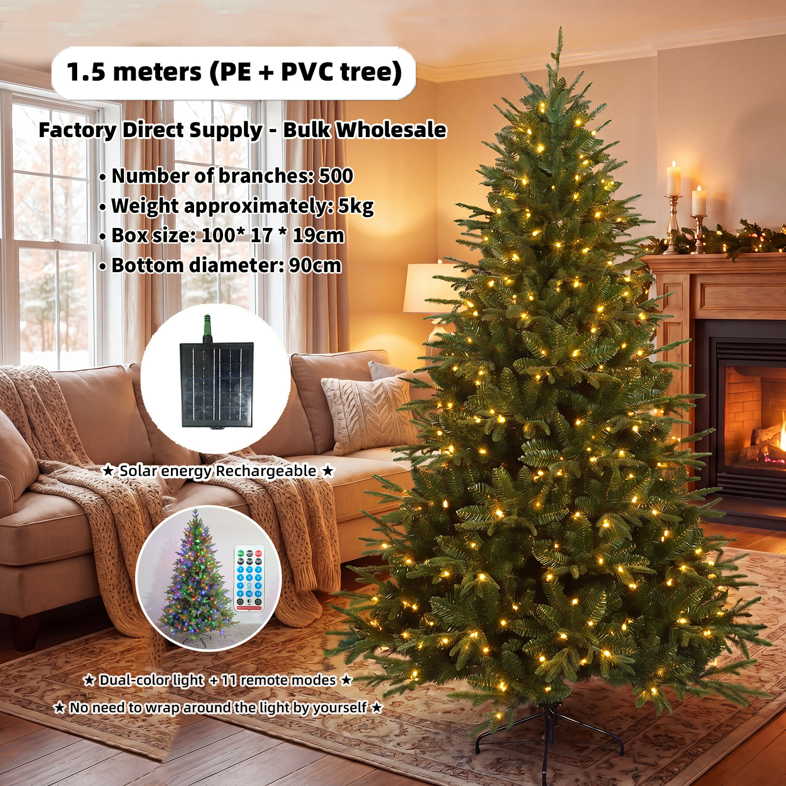 5FT 500T (250 Built-in Lights) Solar Powered