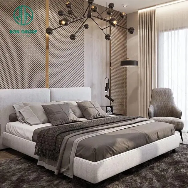 Высококачественный гостиничный проект вилла спальня набор стильная мебель для спальни освещение ткань серый отдых стул деревянная двойная кровать