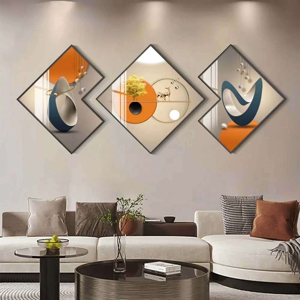 Odern-pintura decorativa abstracta para sala de estar, Tríptico de lujo para personas mayores, pintura colgante de porcelana de cristal