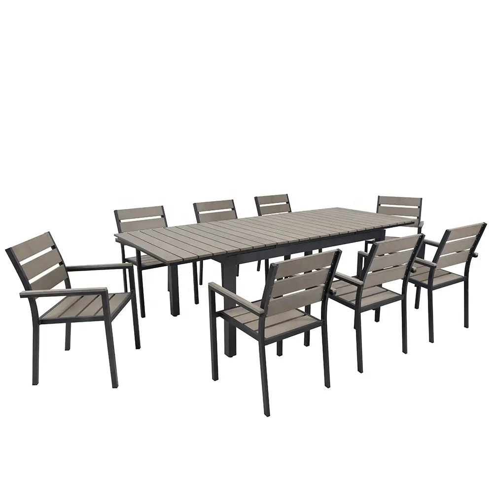 Terrace Restaurant Dining Table Chair Set with Extendable Tiltable Tabletop Popular Outdoor Wood Patio Set with 8 Chairs