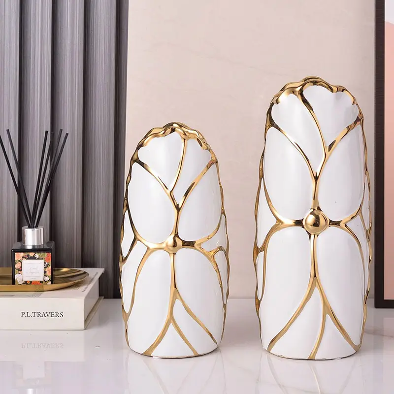 Commercio all'ingrosso moderno di lusso alto grande piccolo vaso in ceramica oro nero bianco vaso di fiori set