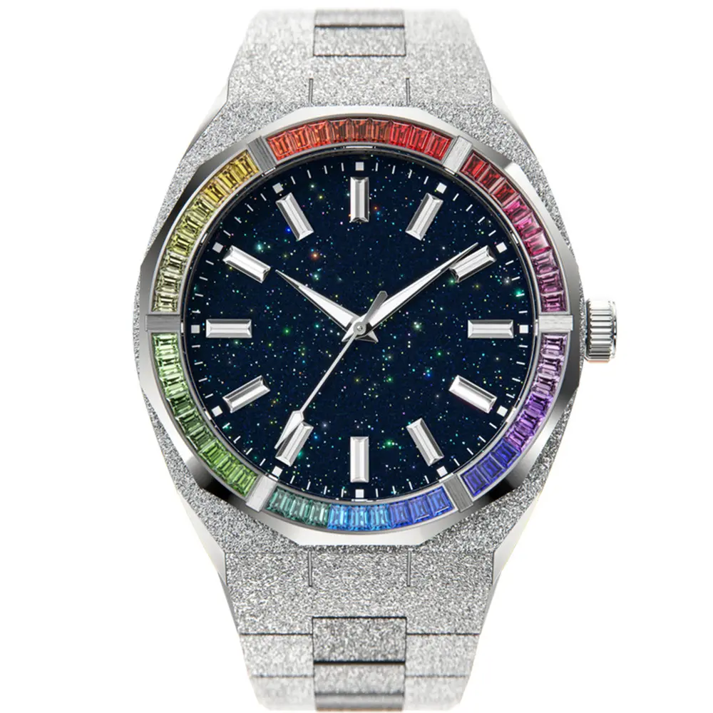 Montre à cadran bling sablé givré granuleux Montres à quartz à lunette diamantée arc-en-ciel en acier inoxydable de haute qualité pour hommes