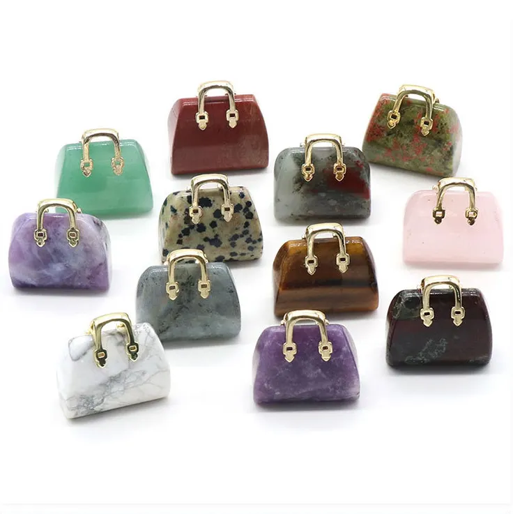 Fabrik Hot Selling Natur kristall geschnitzte Mini Handtasche Charme Instagram Best Sales Amethyst Quarz Tigerauge Aventurin Anhänger