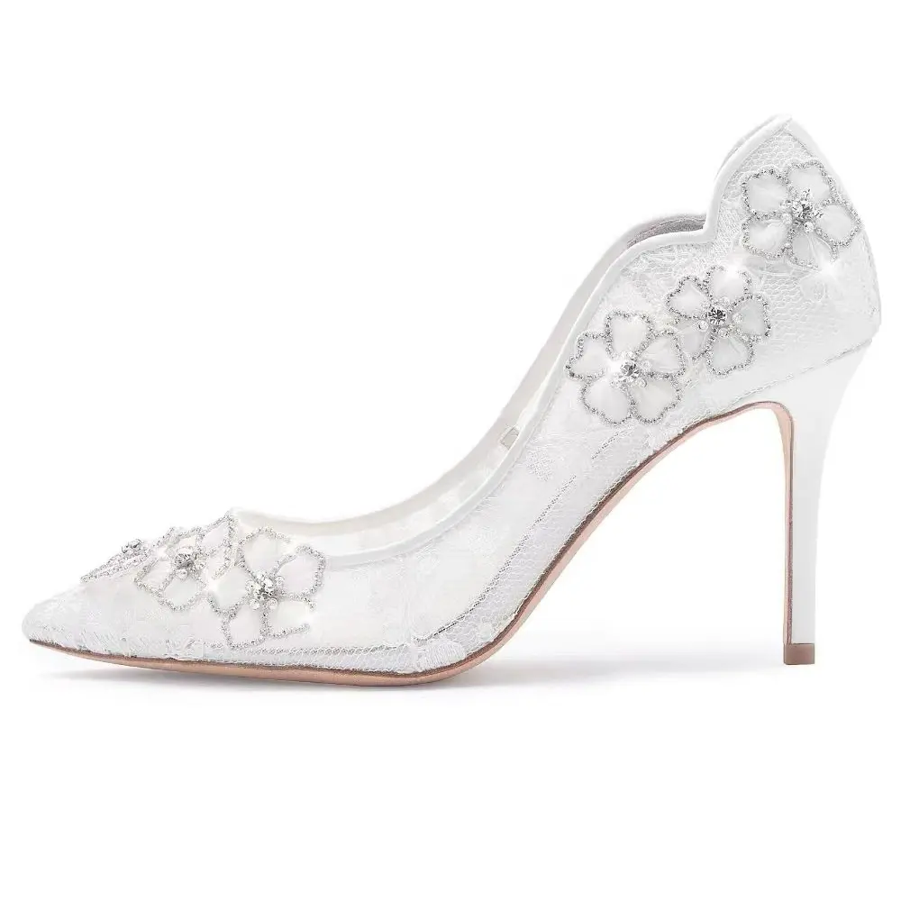 Enmori-zapatos de tacón de aguja para mujer, sandalias de cristal de gasa blanca de lujo, zapatos sexys de boda para novia, 2023