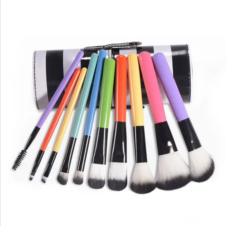 FEIYAN Madeira Preto E Branco Zebra Stripes Make up Brush 10pcs Cosmetic Brush Set Crianças Rainbow Maquiagem Escova Com Cilindro Caso