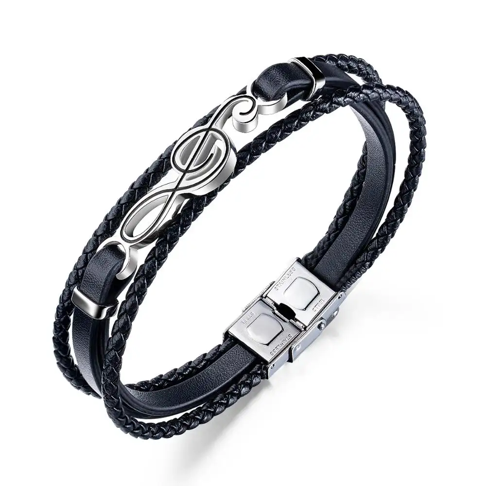 Bracciale in pelle intrecciata multistrato da uomo con nota musicale in acciaio al titanio bracciale in pelle semplice Punk per regalo di un amico del ragazzo