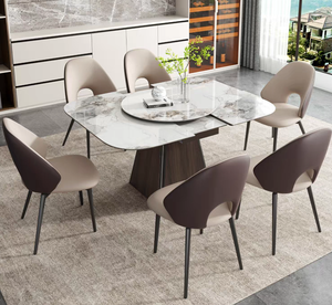 Modern Minimalist Multifunctional <strong>Expandable</strong> Thick White Glossy Rock Slab <strong>Square</strong> Dining <strong>Table</strong> with Rotating Turntable - Product Image 2