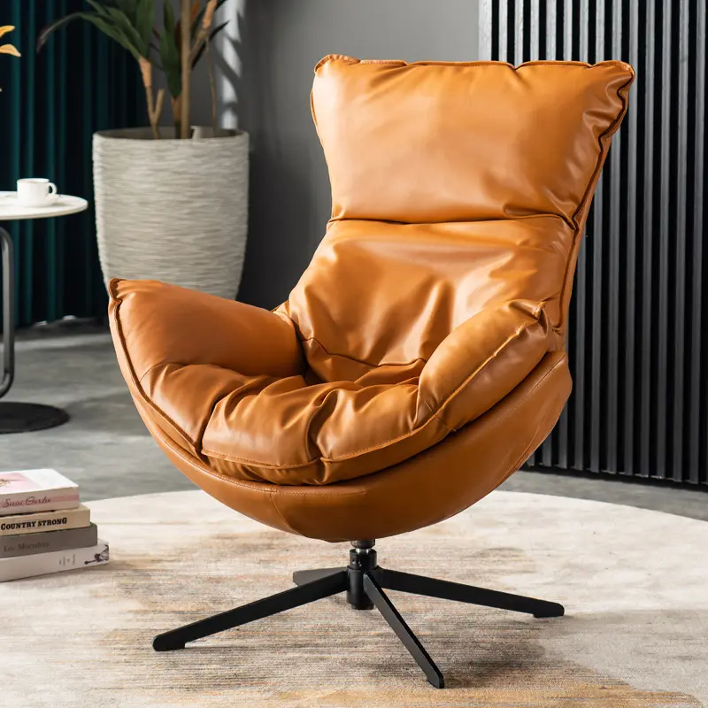 Modern Nordic Home Living Room Brown Leather Comfortable Leisure Relax Swivel Rotating Armchair Single Lounge Accent Chairs