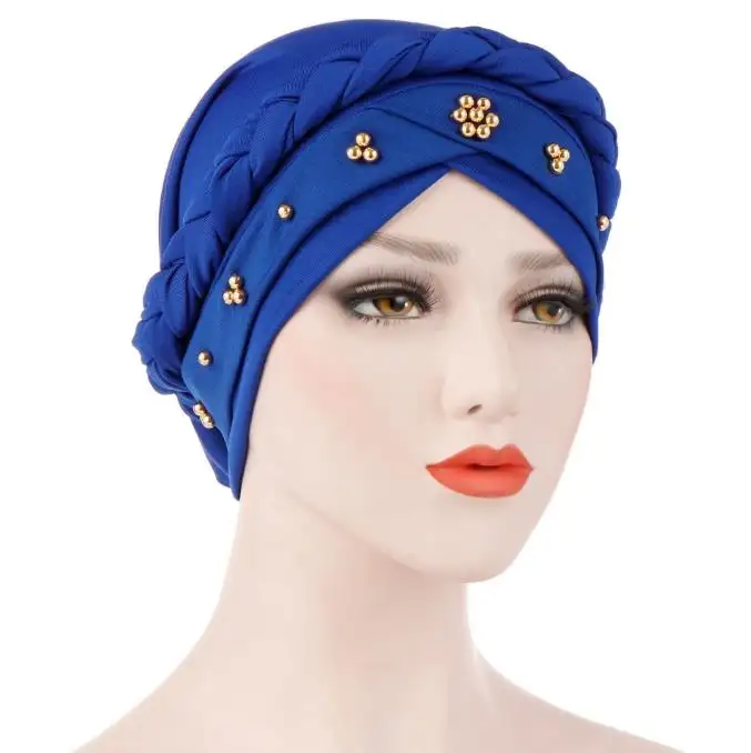 Ready to ShipIn StockFast DispatchWomen Plain Color Muslim Hat With Gold Bead Decoration Braid Turban Hat Chemotherapy Hat