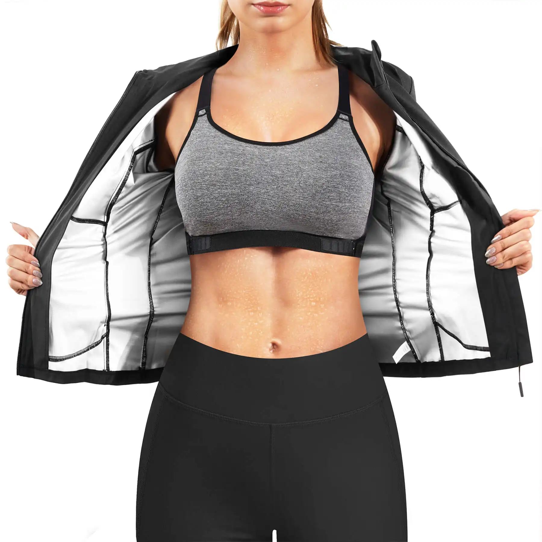 Wholesales Exercise Long Sleeve Jacket Sauna Sweat Suits Front Zipper Fitness Weight Loss Sweat Women Sauna Suit